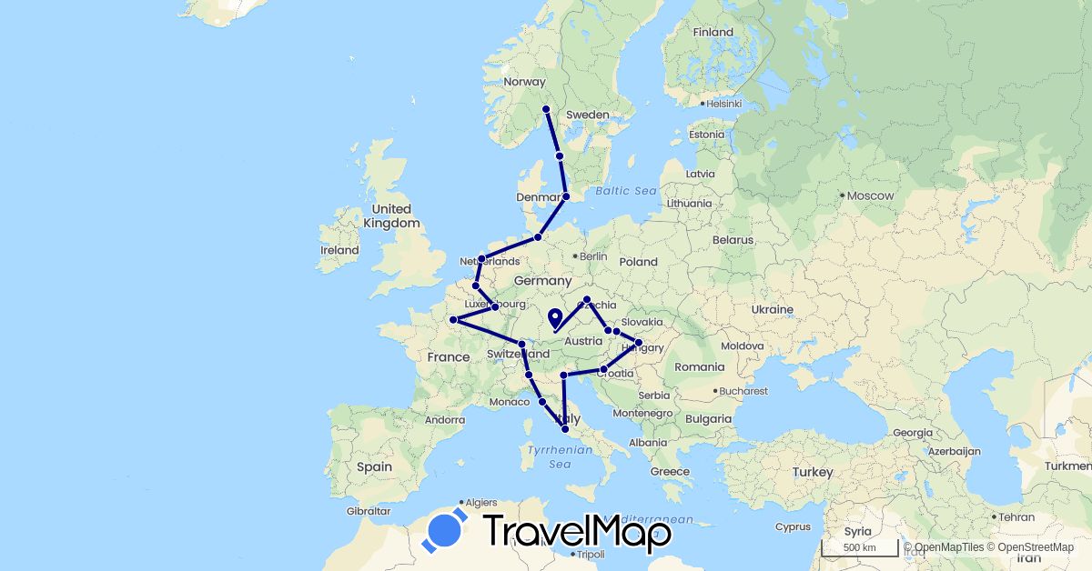 TravelMap itinerary: driving in Austria, Belgium, Switzerland, Czech Republic, Germany, Denmark, France, Croatia, Hungary, Italy, Luxembourg, Netherlands, Norway, Sweden, Slovakia (Europe)